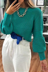 Blusa Tricot Manga Longa Bufante Canelada - Veste 38 ao 42
