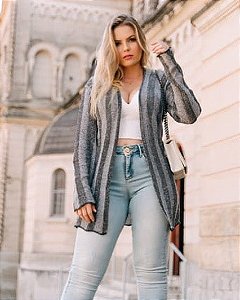 Kimono Longo Tricot Listrado Cinza