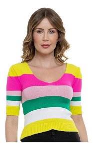 Cropped Tricot Modal Manga Curta Listrado V Neck - Conforto e Estilo no Verão