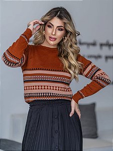 Blusa de Tricô Manga Longa com Detalhe Mosaico