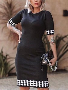 Vestido Tricot Midi Canelado Elastano Estampado