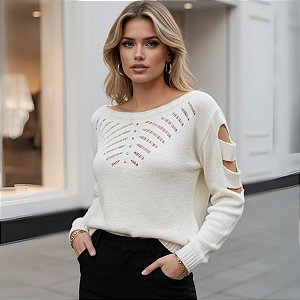 Blusa Tricot Manga Longa com Recorte nos Ombros