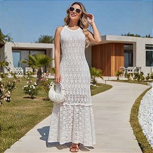 Vestido Longo em Renda Tricot sem Manga – Verde Esmeralda