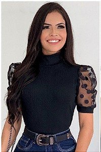 Blusa Canelada Manga Curta em Tule Poá Preta e Branca