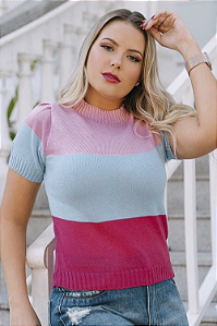 Blusa Tricô Manga Curta Drapeada Listrada Bege/Preto - Tamanho M