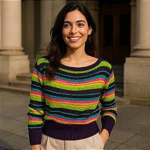 Cropped Tricot Listrado Feminino Decote Canoa Manga Longa