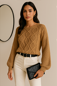 Blusa Suéter Tricot Feminina Manga Longa Transpassada Gola Joia