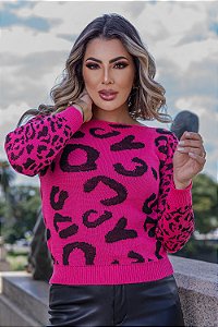 Blusa de Tricô Feminina Estampa Onça Manga Longa