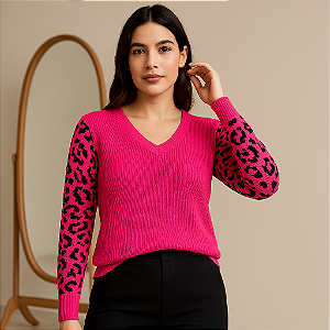 Blusa de Tricô Feminina Lisa Manga Longa Estampa Onça - Tendência 2025