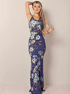Vestido Longo Sereia Floral Azul em Viscolycra Decotado com Bojo