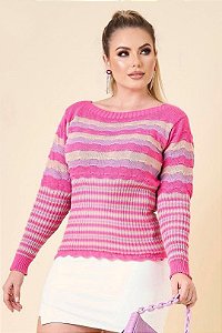 Blusa de Tricô Feminina Manga Longa Listrada Decote Canoa