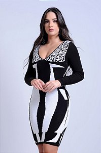 Vestido Curto Tricot Estampado Manga Longa Decote V Sensual