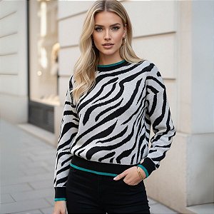 Blusa Tricot Manga Longa Zebra - Estilo Animal Print Ousado para o Inverno