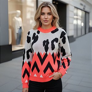 Blusa Tricô Feminina Manga Longa Estampada Bicolor com Símbolos