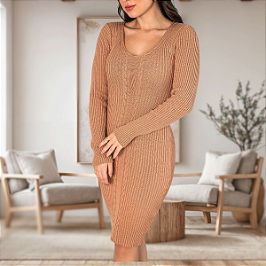 Vestido Curto Tricot Modal Manga Longa Tranças Fashion