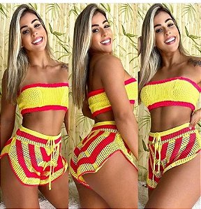 Conjunto Tricot Top e Short Listrado Chevron - Tam. M - Confortável e Justo ao Corpo