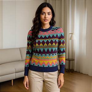 Blusa Tricô Mosaico Geométrico Manga Longa