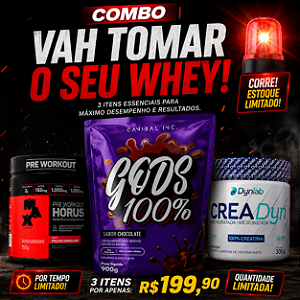 Combo Hipertrofia Completo: Whey 900g + Creatina 300g + Pré-Treino Horus | Energia, Força e Recuperação