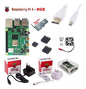 Kit Raspberry Pi 4B 8GB + Case Oficial com Dissipador e Cooler + Fonte + Cabo e adaptador mIni HDMI e Micro SD 32GB