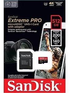 Cartão de Memória Sandisk Extreme Pro Micro SDXC UHS-I 512GB Classe A2 4K 170mb/s leitura e 90mb/s gravação
