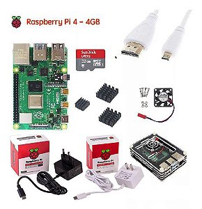 Kit Raspberry Pi 4B 4GB + Case Oficial com Dissipador e Cooler + Fonte + Cabo Hdmi e Micro SD 32GB
