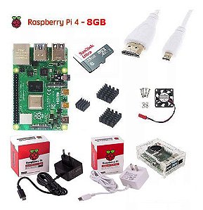 Kit Raspberry Pi 4B 8GB + Case Oficial com Dissipador e Cooler + Fonte + Cabo e adaptador mIni HDMI e Micro SD 128GB