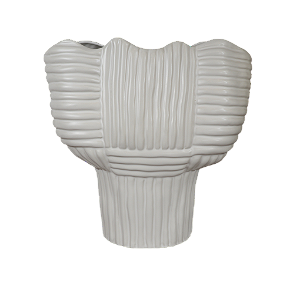 Vaso De Cerâmica Branco C/ Listras (Tamanho - P) - Florarte