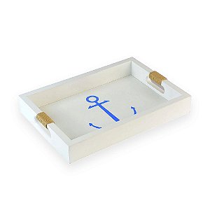 Bandeja Branca Âncora Azul em Madeira 35x25 cm Decoração Náutica Praia
