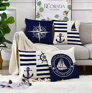 Kit 4 Almofadas Decoracao Nautica Praia Mar Azul Marinho com Enchimento