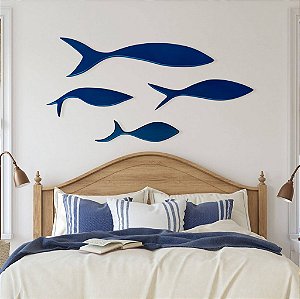 Kit 4 Peixes Azul Marinho em Madeira Decoração Náutica Praia