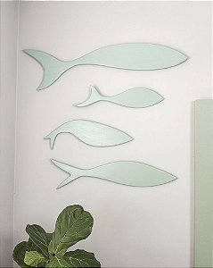 Kit 4 Peixes Verdes Pastel de Parede Decoração em Madeira