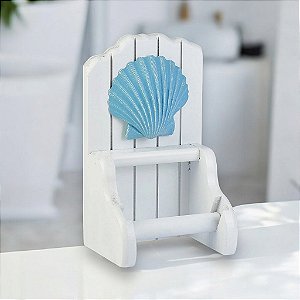 Porta Papel Higiênico Branco com Concha Azul Pastel Decoração Náutica