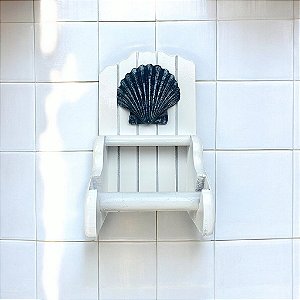 Porta Papel Higiênico Branco com Concha Azul Marinho Decoração Náutica