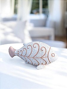 Enfeite Peixe Branco com Cauda Rosa em Resina 20x11x5