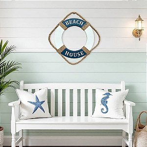 Enfeite Bóia Beach House de Parede em Madeira com Texto em Branco