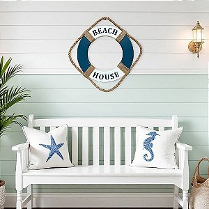 Enfeite Bóia Beach House de Parede em Madeira com Texto em Azul