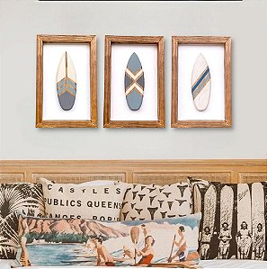 Kit 3 Quadros Prancha Azul Decoração Náutica de Parede