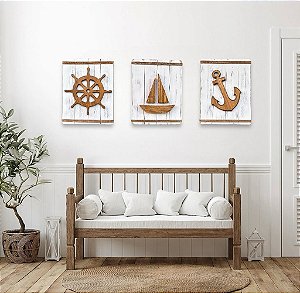 Kit 3 Quadros Náuticos Timão, Âncora e Veleiro em Madeira Decoração Náutica Praia