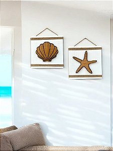 Kit 2 Placas Decorativas Concha e Estrela Decoração de Praia Náutica
