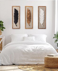 Kit 3 Quadros com Linho Folhas 100x35 cm Decoração de Parede