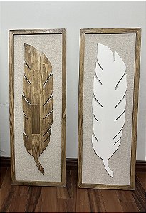 Kit 2 Quadros com Linho Folhas 100x35 cm Decoração de Parede
