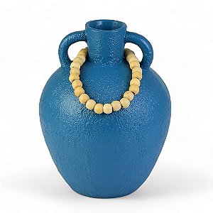Vaso Decorativo Azul com Colar de Madeira Grande