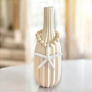 Vaso Decorativo Garrafa Riscada Off-White com Colar de Estrela