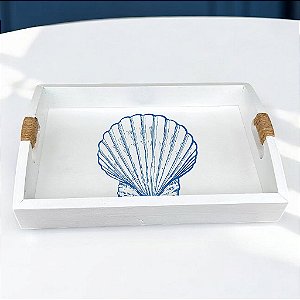 Bandeja Branca Concha Azul em Madeira 35x25 cm Decoração Náutica Praia