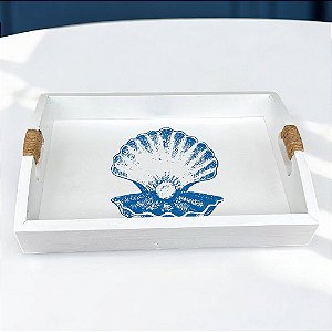 Bandeja Branca Concha Pérola em Madeira 35x25 cm Decoração Náutica Praia