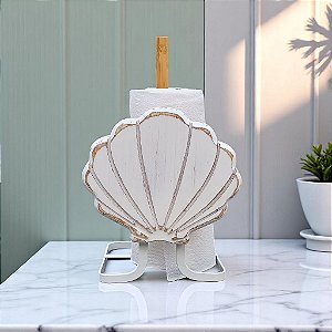 Porta Papel Toalhas Náutico Concha Branco em Madeira