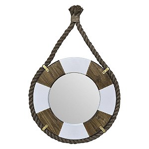Espelho Bóia 72 cm em Madeira com Corda Decoração Náutica Praia