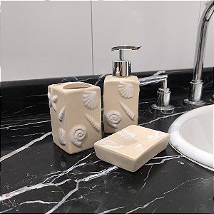 Kit de Banheiro 3 Peças Náutico Bege Conchas em Cerâmica