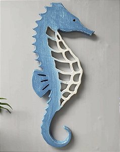 Enfeite Cavalo Marinho Náutico Azul e Branco 70x31x2 cm