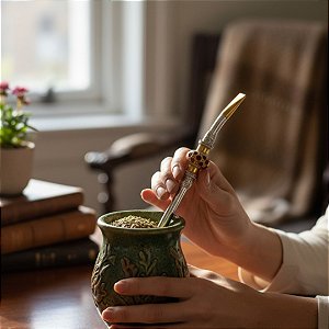 Bomba De Chimarrão Prata E Ouro 18 Pedras